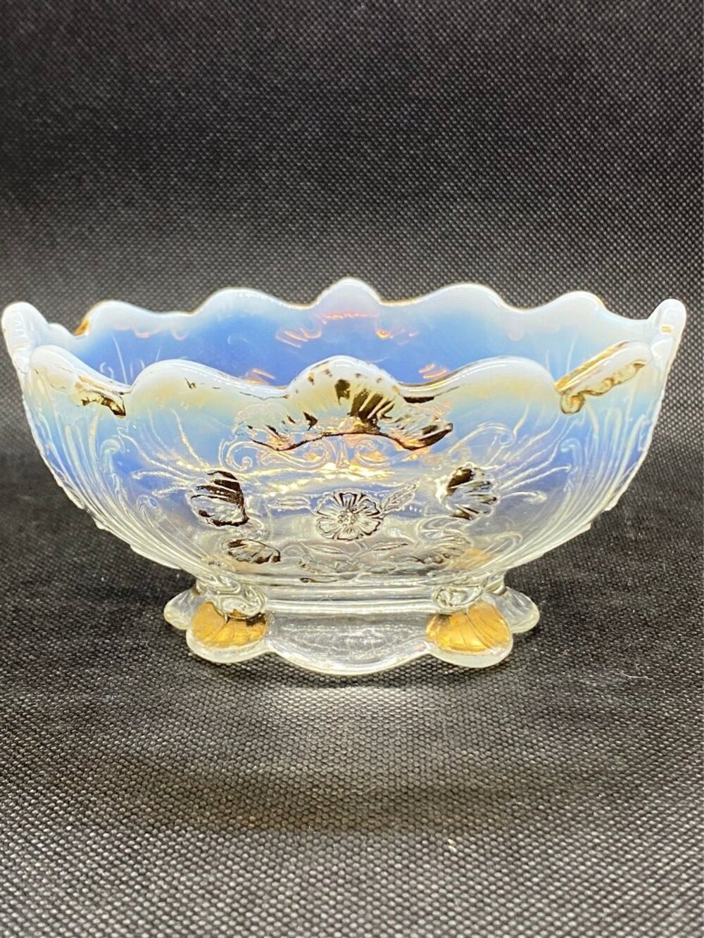 Northwood Clear and Opalescent Everglades Bowl with gold trim.